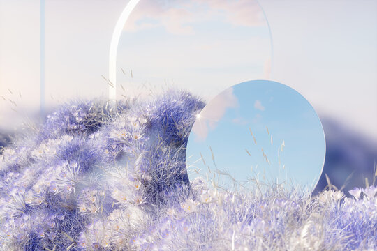 Abstract winter landscape scene with a mirror reflecting the sky. 3d rendering