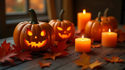 Halloween themed pumpkins with carved faces and burning candles on wooden table, celebrating autumn with decorative leaves, evokes the spirit of the season.