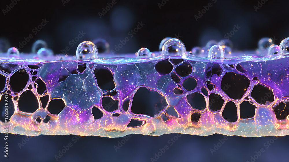 Wall mural holographic display interacting with a sheet of flowing liquid mercury showing dynamic light pattern
