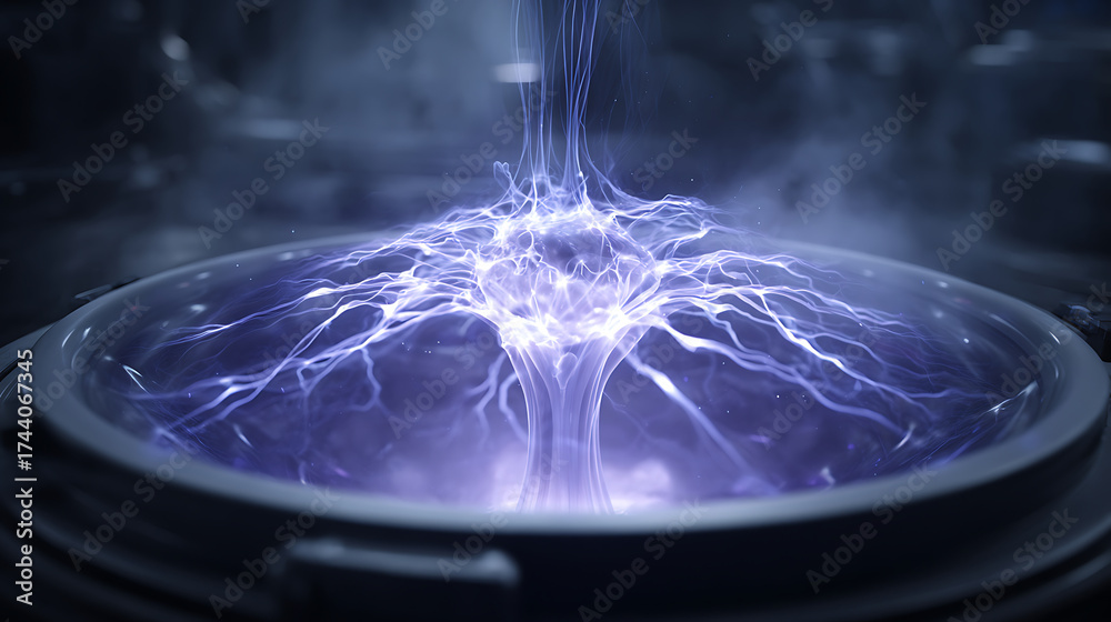 Wall mural holographic display interacting with a sheet of flowing liquid mercury showing dynamic light pattern