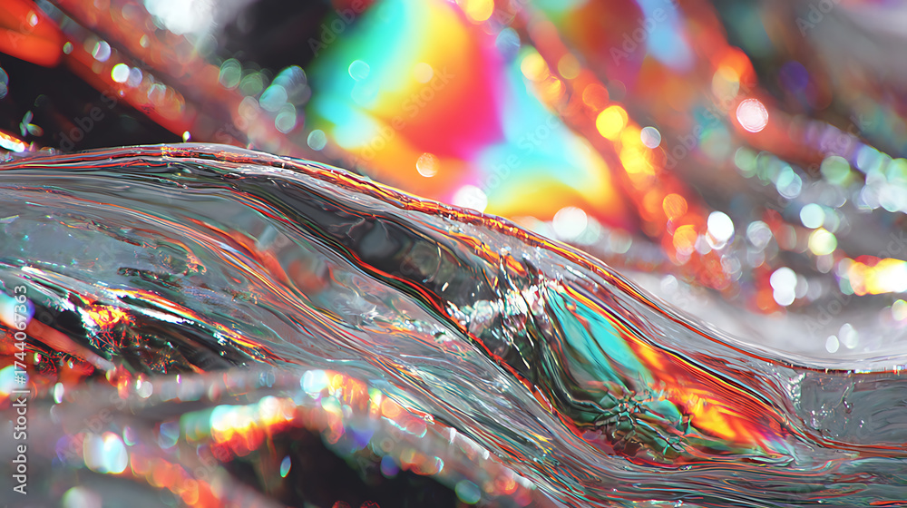Wall mural holographic display interacting with a sheet of flowing liquid mercury showing dynamic light pattern