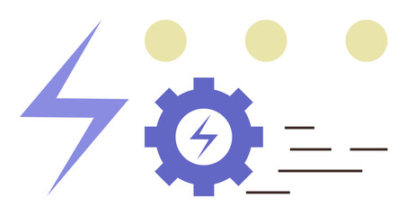 Lightning bolt with a gear encasing bolt, three yellow circles, dynamic lines suggesting motion. Ideal for energy, technology, automation, innovation, speed, progress efficiency simple flat