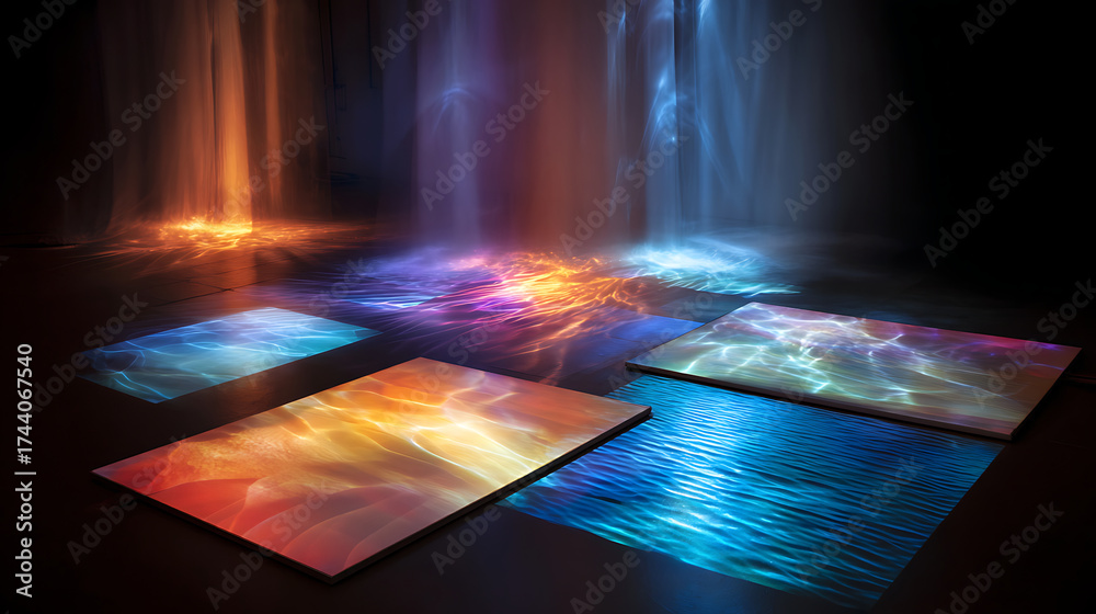 Wall mural holographic display interacting with a sheet of flowing liquid mercury showing dynamic light pattern