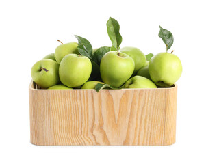 Ripe green apples with fresh leaves in wooden crate isolated on white