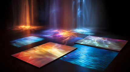 Holographic display interacting with a sheet of flowing liquid mercury showing dynamic light patterns and texture details, a holographic mercury interaction.