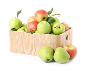 Fresh ripe apples with green leaves in wooden crate isolated on white