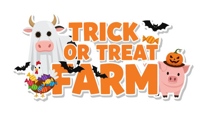 Halloween Farm Adventure: Cute farm animals in spooky costumes are getting ready for trick or treat at the farm on a Halloween night.