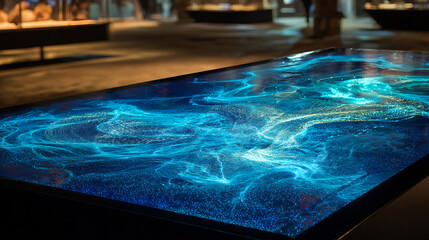 Holographic display interacting with a sheet of flowing liquid mercury showing dynamic light patterns and texture details, a holographic mercury interaction.