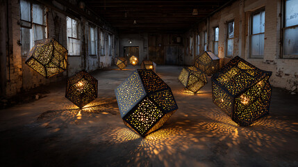 Glowing geometric sculptures made of porous metal catching and diffusing surreal sunset light in an empty industrial space, an artistic industrial display.