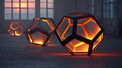 Glowing geometric sculptures made of porous metal catching and diffusing surreal sunset light in an empty industrial space, an artistic industrial display.