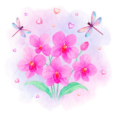 Watercolor pink orchids bouquet, dragonflies and hearts. Garden clipart, traced vector