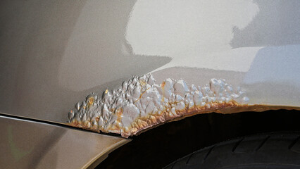 Close-up of rust damage and peeling paint on a car surface. Concept for vehicle repair, corrosion treatment, restoration work, maintenance issues and damage assessment.