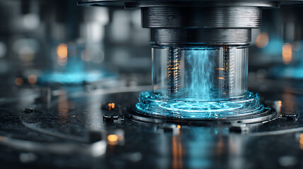 Futuristic laboratory with glowing plasma beams interacting with transparent composite materials and creating light flares, a high - tech lab scene.