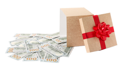 Overturned gift box with dollar banknotes isolated on white
