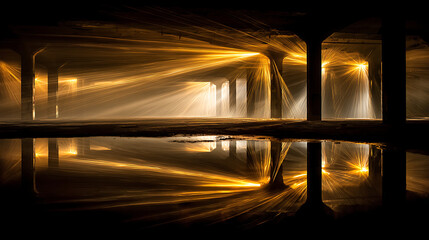 Dramatic abandoned factory interior with golden laser cutting thick metal sheets and smoke swirling in light beams, an abandoned industrial drama.
