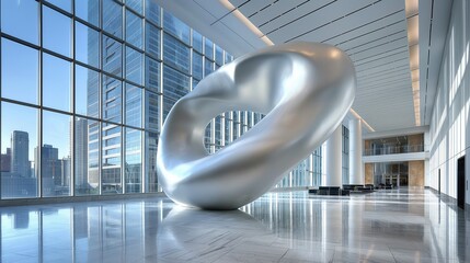 A modern, abstract silver sculpture in a spacious, bright lobby with large glass windows. The scene conveys elegance and sophistication, ideal for corporate celebrations.