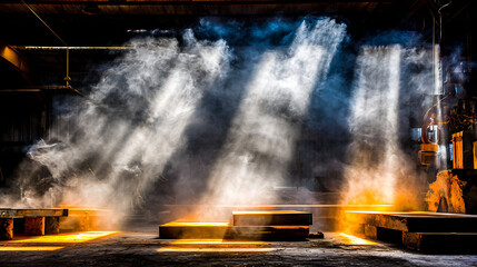 Dramatic abandoned factory interior with golden laser cutting thick metal sheets and smoke swirling in light beams, an abandoned industrial drama.