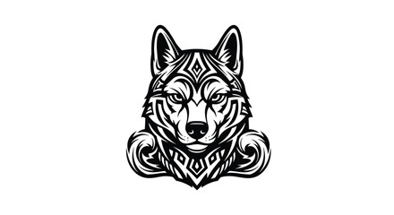 Fototapeta premium Black and white illustration of a stylized wolf head with tribal patterns