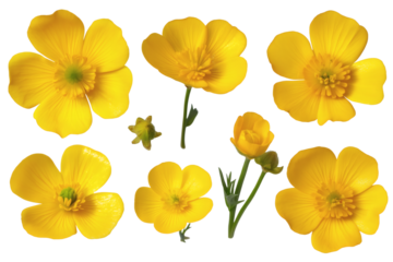 Seven vibrant yellow buttercups with detailed petals, presented beautifully isolated on white background