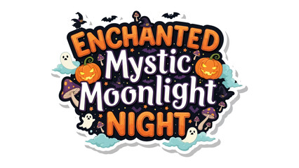 Enchanted Mystic Moonlight Night: A whimsical illustration of a magical night scene, with pumpkins, ghosts, and mushrooms under a moonlit sky, all ready for a night of spooky enchantment.