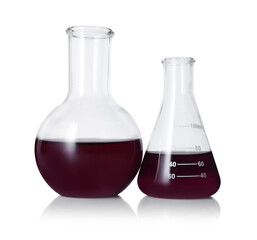 Different laboratory glassware with color liquid isolated on white