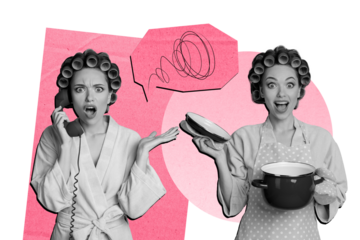 Composite photo collage of two astonished housemaid hold telephone receiver kitchenware pot cooking call isolated on painted background