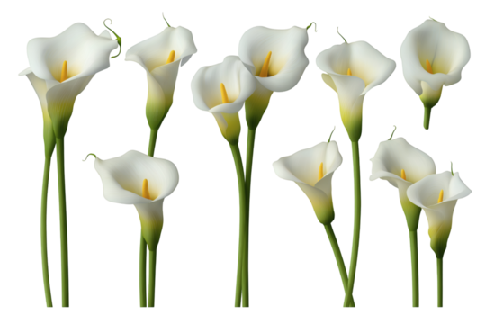 Elegant calla lilies in full bloom isolated on white background