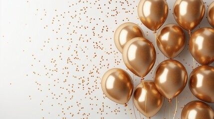 A collection of golden balloons scattered with confetti on a white background. Ideal for celebrations, anniversaries, and milestone events.