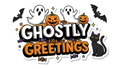 Ghostly Halloween Greetings: A vibrant scene filled with playful Halloween elements. Features the words Ghostly Greetings alongside pumpkins, ghosts, bats, and a black cat.