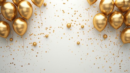 Golden balloons and confetti arranged on a white background. Ideal for milestone celebrations, anniversaries, or birthday parties. Ample copy space available.