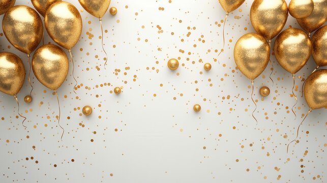 Golden balloons and confetti arranged on a white background. Ideal for milestone celebrations, anniversaries, or birthday parties. Ample copy space available.