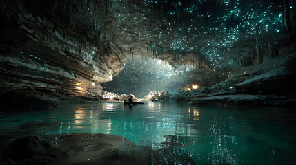 Bioluminescent underwater cave with light refracting through crystalline water and floating organic particles, a photorealistic underwater wonder.