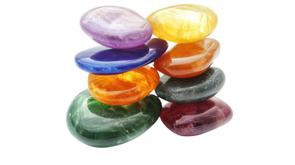 Vibrant Gemstones: A close-up image showcases an array of polished gemstones stacked carefully, presenting a colorful display of nature's treasures.