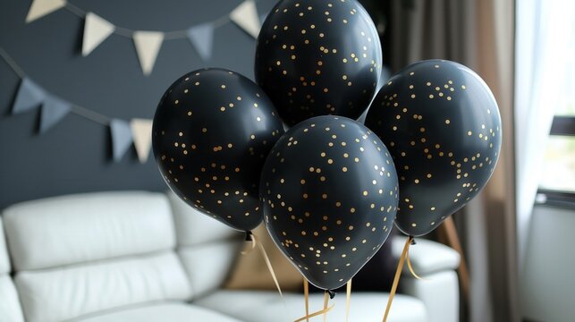 Black balloons with gold confetti arranged for a celebration. Ideal for milestone events like anniversaries or birthdays. Modern decor with a cozy background. - Powered by Adobe
