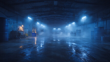 Atmospheric industrial workshop with blue laser beams piercing smoke, creating Tyndall effect, hyperdetailed scene for industrial look and feel.