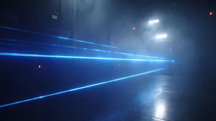 Atmospheric industrial workshop with blue laser beams piercing smoke, creating Tyndall effect, hyperdetailed scene for industrial look and feel.