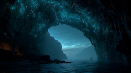Bioluminescent underwater cave with light refracting through crystalline water and floating organic particles, a photorealistic underwater wonder.
