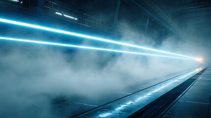 Atmospheric industrial workshop with blue laser beams piercing smoke, creating Tyndall effect, hyperdetailed scene for industrial look and feel.