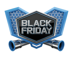 Black friday sale advertisement with futuristic blue and silver design, isolated on transparent background