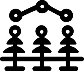 Three black figures standing in a row with a connected line graph above them