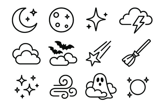 Halloween Night Icons. Line style icons of Halloween night sky: crescent moon, full moon, stars, lightning bolt; clouds, bat swarm