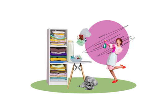 Composite photo collage of happy housemaid girl hold spray detergent chemistry folded clothes wardrobe litter isolated on painted background