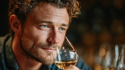 Man enjoying a glass of white wine, with a thoughtful expression, in a dimly lit setting, showcasing the elegance of wine tasting and appreciation for fine beverages
