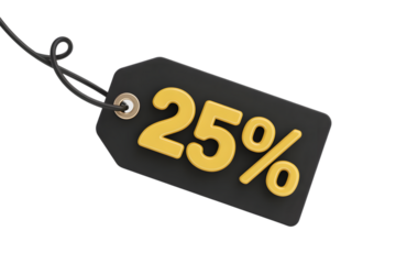 A black price tag with the number 25 in yellow, isolated on a transparent background