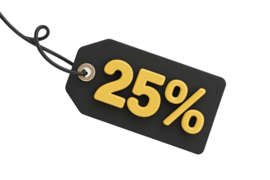 A black price tag with the number 25 in yellow, isolated on a transparent background