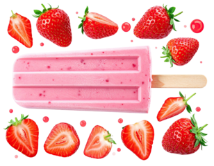 Fresh strawberry popsicle surrounded by sliced strawberries
