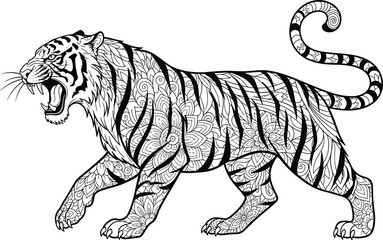 Decorative tiger illustration, ornate animal design, floral and geometric patterns, stylized walking pose, abstract wildlife art, black silhouette on white background