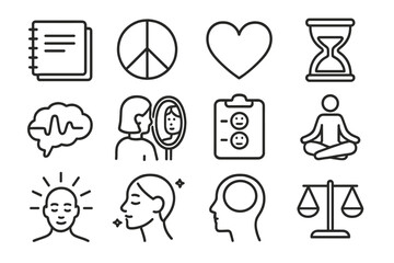Mindfulness Line Icons. Line style icons of mindfulness and calm: notebook icon, peace sign, heart, sand hourglass; brain wave,