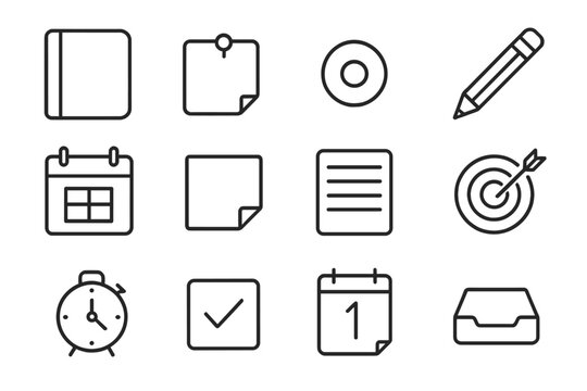 Daily Tool Icons. Line style icons of structured daily tools: journal icon, reminder square, task dot, pencil; calendar block,