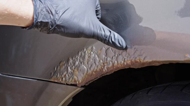Close-up of a gloved hand pointing at rust damage and peeling paint on a car surface. Concept for car repair, bodywork restoration, corrosion treatment and auto workshop services.